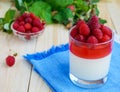 Summer dessert with cream and raspberry jelly, decorate with fresh berries in a transparent glass Royalty Free Stock Photo