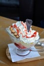 Summer dessert. Hot strawberries and vanilla ice cream with whipped cream on a glass bowl. Royalty Free Stock Photo