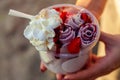 Red Thai ice cream with strawberries, meringue and whipped cream Royalty Free Stock Photo