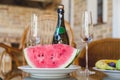 Two slices of red watermelon on white plate Royalty Free Stock Photo