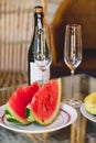 Two slices of red watermelon on white plate Royalty Free Stock Photo