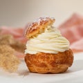Summer desserts. Shu cake choux. Cake profiteroles with whipped cream. Royalty Free Stock Photo