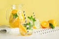 Summer detox lemonade. Water with lemon,orange, ice and mint in glass. Close up. Royalty Free Stock Photo