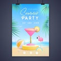 Summer disco party poster with 3d stage and cosmopolitan cocktail. Colorful summer beach scene. Royalty Free Stock Photo