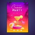 Summer disco party poster with 3d stage and cosmopolitan cocktail. Colorful summer beach scene. Royalty Free Stock Photo