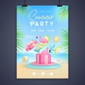 Summer disco party poster with 3d stage, flamingo and blue lagoon cocktail. Colorful summer beach scene. Royalty Free Stock Photo