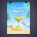 Summer disco party poster with 3d stage and margarita cocktail. Colorful summer beach scene. Royalty Free Stock Photo