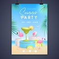 Summer disco party poster with 3d stage and margarita cocktail. Colorful summer beach scene. Royalty Free Stock Photo