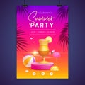 Summer disco party poster with 3d stage and tequila sunrise cocktail. Colorful summer beach scene. Royalty Free Stock Photo
