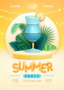 Summer disco party poster with 3d stage, tropic leaves and blue lagoon cocktail. Colorful summer beach scene. Royalty Free Stock Photo