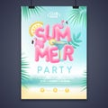 Summer disco party poster with 3d text and blue lagoon cocktail. Colorful summer beach scene. Royalty Free Stock Photo