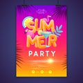 Summer disco party poster with 3d text and blue lagoon cocktail. Colorful summer beach scene. Royalty Free Stock Photo