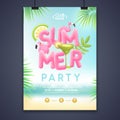 Summer disco party poster with 3d text and margarita cocktail. Colorful summer beach scene. Royalty Free Stock Photo