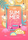 Summer disco party typography poster with 3D plastic flamingo, electric lamps and tropic leaves.