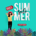 Summer discount banner template. Sale flyer with young girl paper cut art 3d design