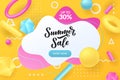 Summer discount and sale poster, banner design template. Vector 3d multicolor geometric shapes on yellow background Royalty Free Stock Photo