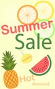 Summer discounts. Discount card. Citrus fruits, summer fruits on a bright yellow background. Discounts up to 50 . Warm summer Royalty Free Stock Photo