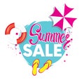 Summer discounts. Vector illustration with inscription, slapping, swimming circle and beach umbrella. Vacation and travel.