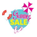 Summer discounts. Vector illustration with inscription, slapping, swimming circle and beach umbrella. Vacation and travel.