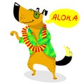 Summer dog character. Cute pet dancing with Hawaiian beads of fl