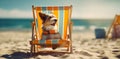 summer dog sunglasses funny lazy relax pet vacation chair beach. Generative AI. Royalty Free Stock Photo