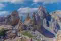 Summer dolomite rocky scenario with giant pinnacles in the Latemar Massif