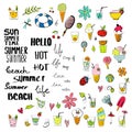 Summer doodle elements SET for poster. Beach party elements for banners with simple objects - cocktails and ice-cream, lettering. Royalty Free Stock Photo