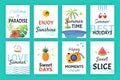 Summer doodle poster. Beach party banners with simple patterns and lettering, vacation sticker elements. Vector hand Royalty Free Stock Photo