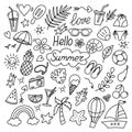 Summer doodles icon set. Hand drawn lines icons collection. Set of summer beach items. Royalty Free Stock Photo