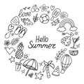 Summer doodles icon set in round. Hello Summer. Royalty Free Stock Photo