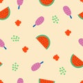 Summer doodles vector pattern Hand drawn illustration with watermelon, ice cream, flowers Royalty Free Stock Photo