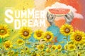 summer dream concept. Funny cats face on sun flower Royalty Free Stock Photo