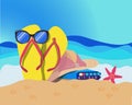 Summer dream vacation illustration with sunglasses, slippers, sea, sand, starfish, hat and towels
