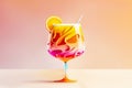 Summer drink cocktail with fruit slices and straw on pink gradient background Royalty Free Stock Photo