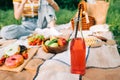 Summer drink, fresh fruits and berries, bakery on picnic blanket outdoor, summer vacation Royalty Free Stock Photo
