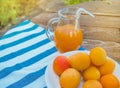 Summer drink and fruit-fresh apricot juice in a glass jug and ripe apricots on a napkin, outdoors on a Sunny day Royalty Free Stock Photo