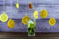 Summer drink. Hanging on threads slices of lemon, orange and lime. Summer fresh Mojito with ice. Royalty Free Stock Photo