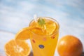 Summer drink juicy orange slice, Exotic summer drinks refreshing of cold drinks glasses fresh fruit on ice homemade cocktail tea Royalty Free Stock Photo