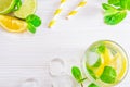 Summer drink mojito with lime, lemon and mint, with ice cubes on white wooden background. Flat-lay, top view Royalty Free Stock Photo