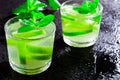 Summer drink Mojito, with lime and mint, on a black background with water drops Royalty Free Stock Photo