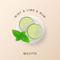 Summer drink mojito with lime and mint. Top view.