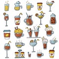 Summer drinks, cocktails, lemonades and juices. A set of simple doodle illustrations.