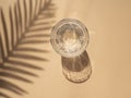 Summer drinks flat lay. Top view clear glass of with trendy shadows of tropical palm leaves on a beige background