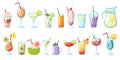 Summer drinks. Non alcoholic tropical cocktails, lemonades, smoothies, fresh juices, water with ice. Cold beverages for Royalty Free Stock Photo