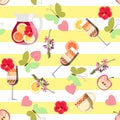 Summer drinks. Seamless pattern with jugs of sangria, cocktails, tropical flowers and butterflies