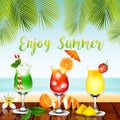 Summer drinks on the table in beach background