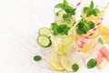 Summer drinks water with ice, mint, cucumber and citrus, copy sp