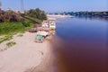 Summer drought on the river and low water on the banks Royalty Free Stock Photo