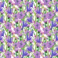 Summer, easter, birthday, spring, wedding seamless pattern with flowers crocus, snowdrops,skiff and leaves.