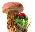 Summer eatable mushroom and red forest strawberry isolated